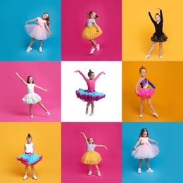 Collage with photos of cute little girls dancing on different color backgrounds