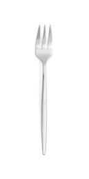 Photo of One new shiny dessert fork isolated on white, top view