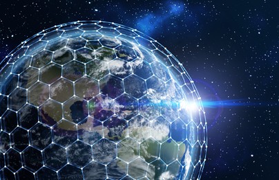 Image of Global network connection. Earth in open space and digital web, illustration
