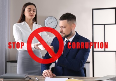 Stop corruption. Illustration of red prohibition sign and woman giving bribe to man at table in office