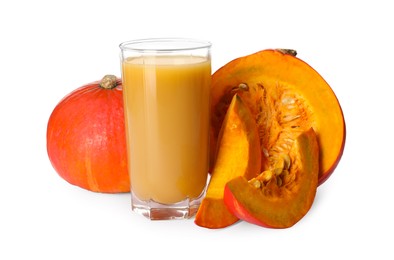 Photo of Glass with pumpkin juice and fresh vegetables on white background