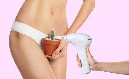 Hair removal concept. Lady with cactus and woman holding photoepilator on pink background, closeup 