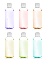 Set of different antibacterial hand gels on white background