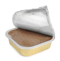 Pate in foil container isolated on white. Pet food