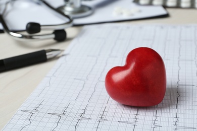 Cardiogram report and red decorative heart on table, closeup