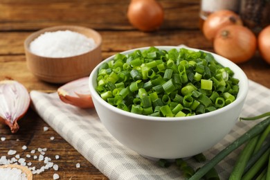 Chopped green onion in bowl on wooden table