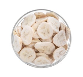Photo of Freeze dried bananas in bowl on white background, top view