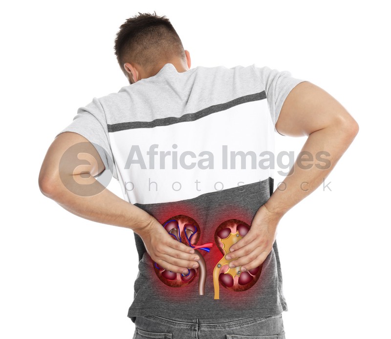 Man suffering from kidney pain on white background