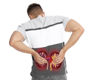 Man suffering from kidney pain on white background