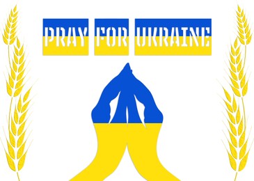 Pray for Ukraine. Phrase, illustrations of hands and ears of wheat in color of Ukrainian flag on white background