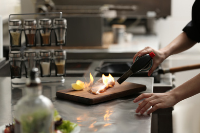 Female chef cooking chicken fillet with manual gas burner in restaurant kitchen, closeup