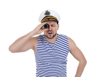 Sailor with looking through monocular on white background