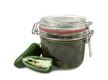 Photo of Fresh and pickled green jalapeno peppers on white background