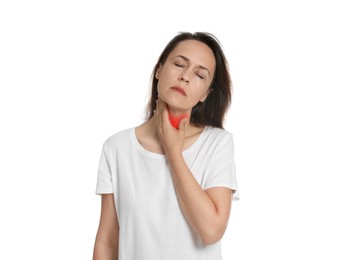 Image of Mature woman doing thyroid self examination on white background
