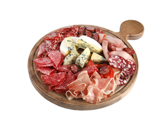 Photo of Wooden board with ham and other delicacies isolated on white