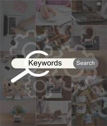 Image of Keywords research concept. Collage with photos of SEO specialists and search bar