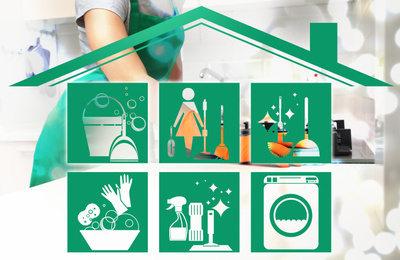 Cleaning service related icons under house roof illustration and janitor wiping gas stove on background