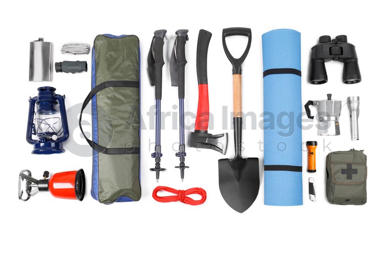 Set of camping equipment on white background, top view. Packing for trip