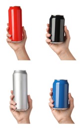 Image of Collage with photos of women holding different cans with beverages on white background, closeup