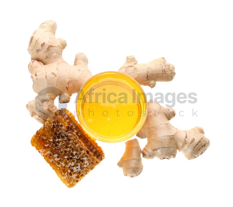 Photo of Ginger and honey on white background, top view. Natural cold remedies