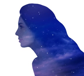 Universe hidden in human, mindfulness, imagination, art, creativity, inner power concepts. Silhouette of woman and starry sky or galaxy on white background, double exposure