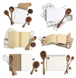 Set with blank recipe books and kitchen utensils on white background