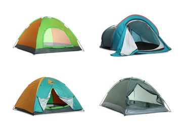 Set with different bright camping tents on white background
