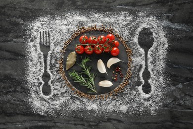 Photo of Different spices and silhouettes of cutlery and plate on grey marble background, flat lay