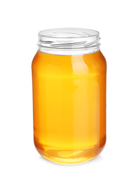 Jar of organic honey isolated on white