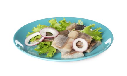 Blue plate with delicious salted herring slices, lettuce and onion rings isolated on white