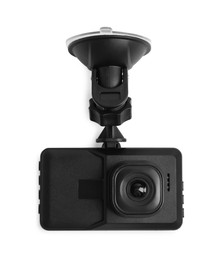Modern car dashboard camera with suction mount isolated on white