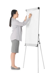 Business trainer giving presentation on flip chart board against white background