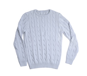 Photo of Light knitted sweater on white background, top view