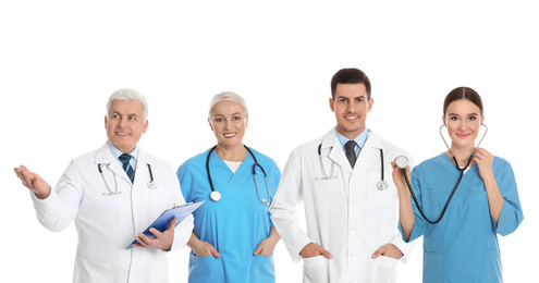 Collage with photos of doctors on white background, banner design 