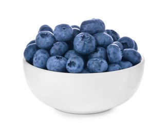Tasty fresh ripe blueberries in bowl on white background