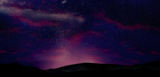 Mountain landscape and beautiful starry sky at night. Banner design