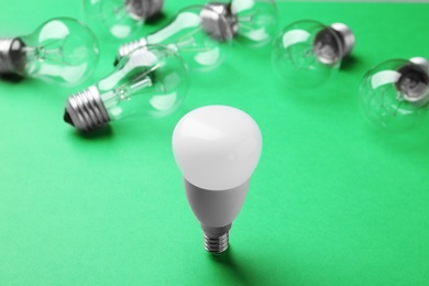 LED and incandescent lamp bulbs on green background