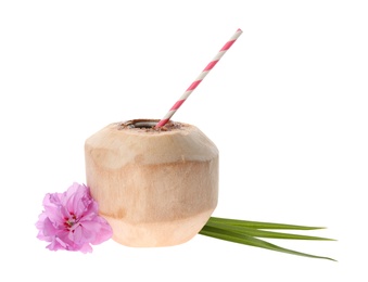 Young peeled coconut with straw, palm leaf and beautiful flower isolated on white
