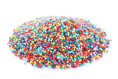 Pile of colorful sprinkles on white background. Confectionery decor