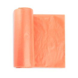 Roll of orange garbage bags isolated on white, top view