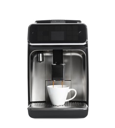 Making coffee with modern espresso machine on white background