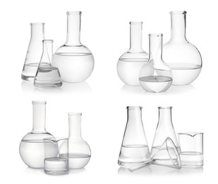 Set of different laboratory glassware on white background