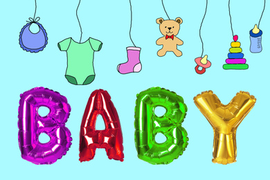 Festive balloons for baby shower party and drawings on light background