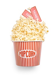 Bucket of fresh popcorn and tickets on white background, top view. Cinema snack