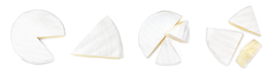 Set with tasty brie cheese on white background, top view. Banner design