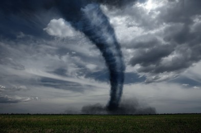 Dangerous whirlwind at agricultural field. Weather phenomenon