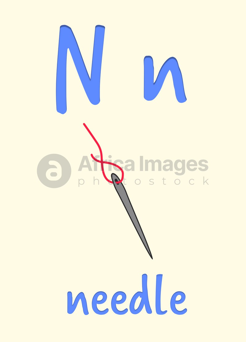 Learning English  alphabet. Card with letter N and needle, illustration