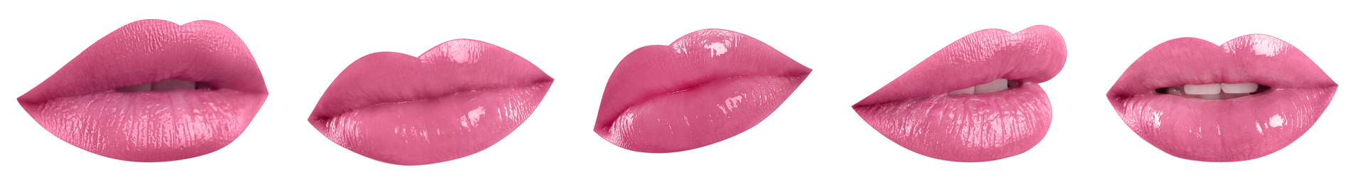 Image of Set of mouths with beautiful makeup on white background, banner design. Glossy pink lipstick