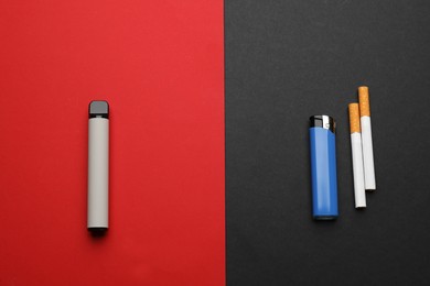 Disposable electronic smoking device near lighter and cigarettes on color background, flat lay