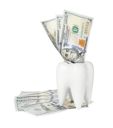 Ceramic model of tooth and dollar banknotes on white background. Expensive treatment